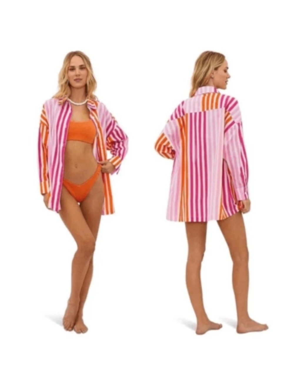 Beach Riot NWT striped Pink Orange Shirt Dress Beach Swimsuit Cover Up Size S-M